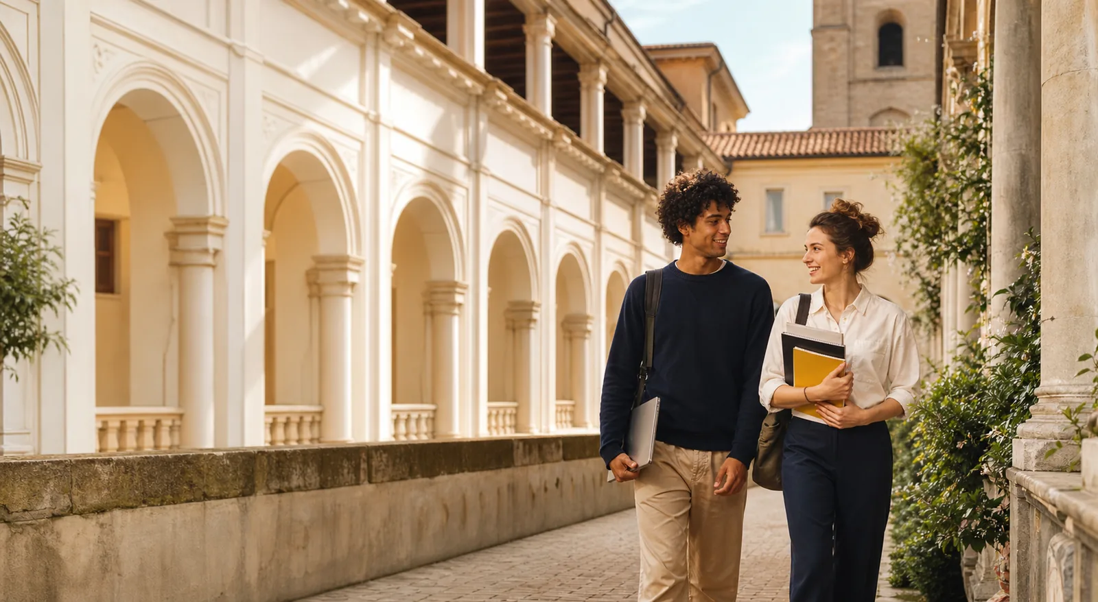 Students walking through a sunlit Italian university courtyard