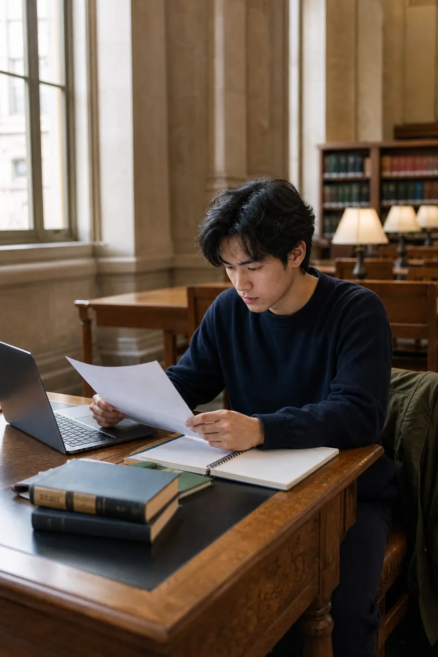 Student reviewing university application documents in a library
