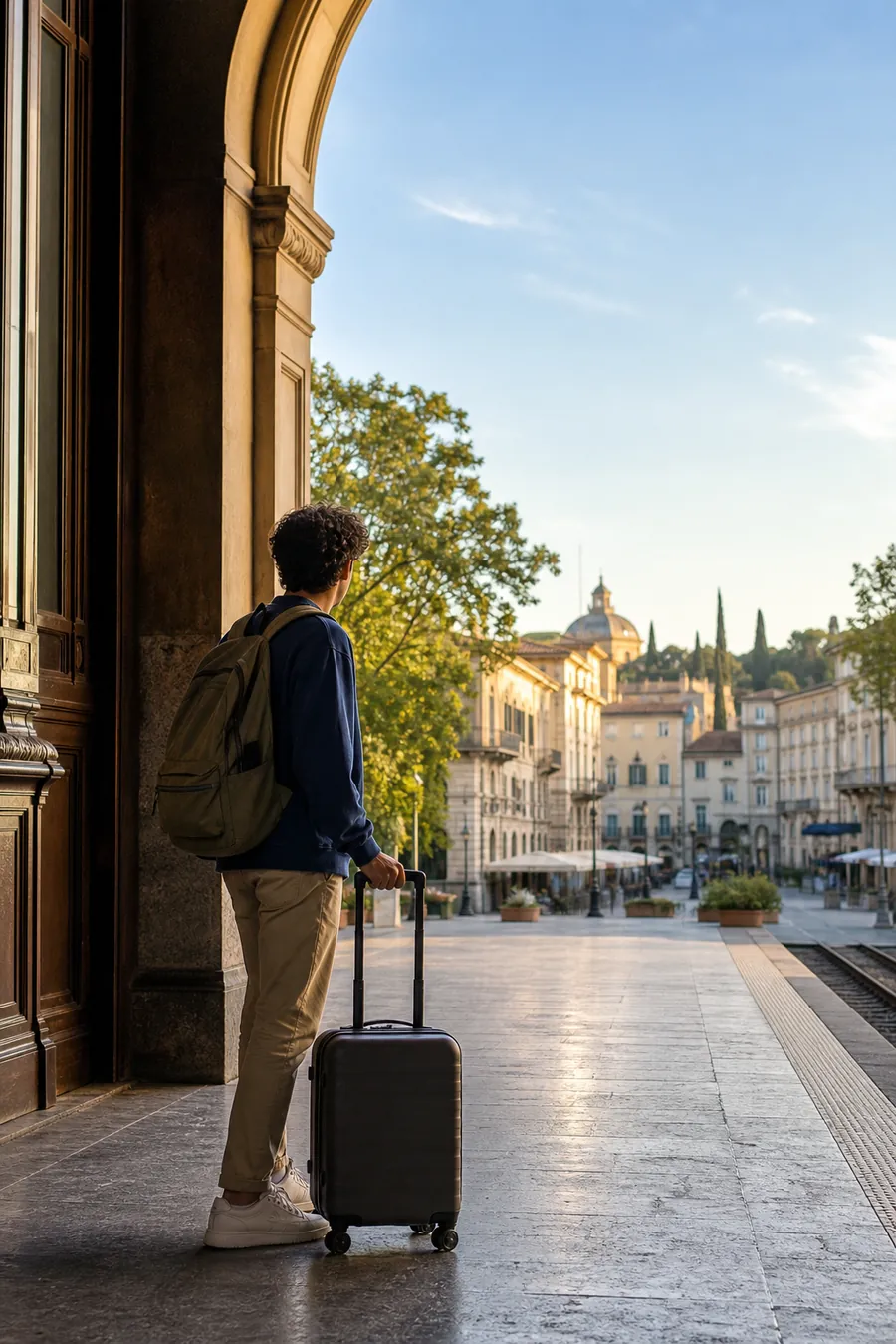 Student arriving with luggage in an Italian university city