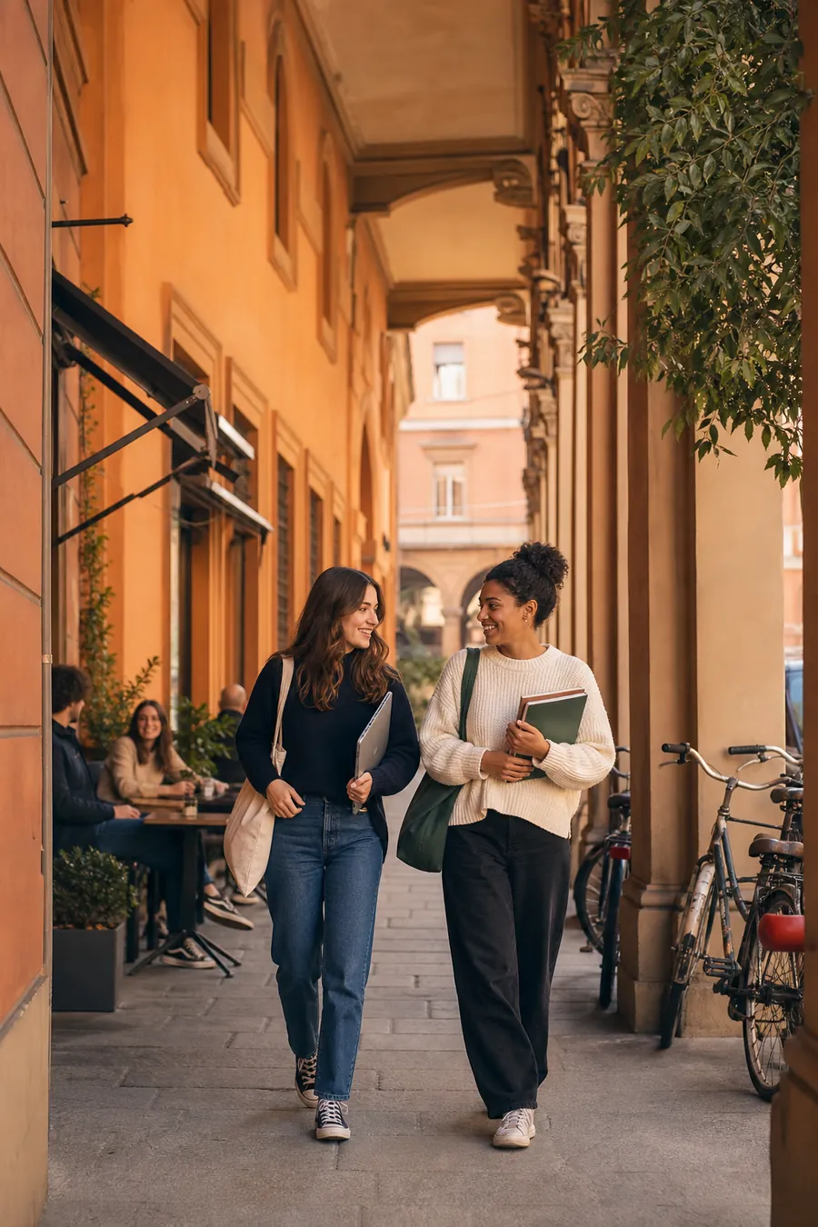 University students walking beneath an Italian city portico