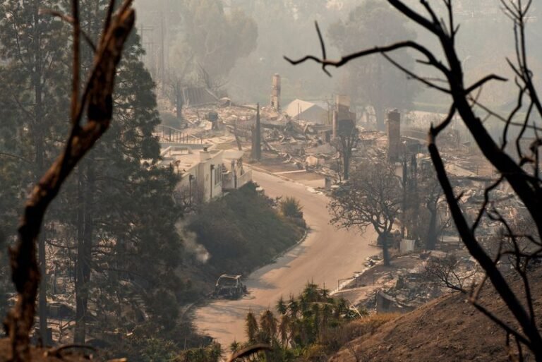 © Reuters. A charred car stands among the remains of the Palisades Fire in the Pacific Palisades neighborhood of Los Angeles, California, U.S. January 10, 2025. REUTERS/David Ryder